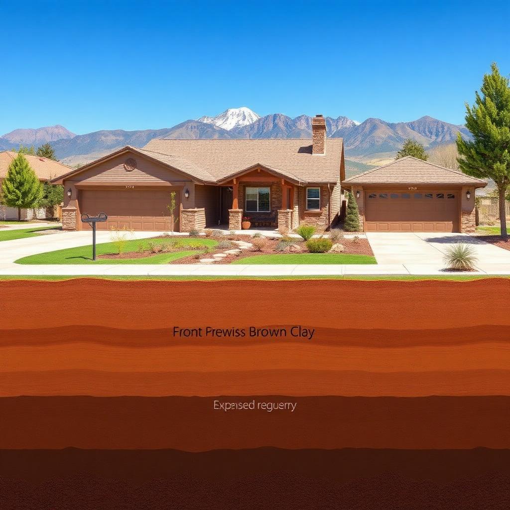 Educational cross-section view of a Albuquerque residential property showing expansive reddish-brown clay soil layers beneath a concrete driveway, sidewalk, and landscaping, with the home and Rio Grande valley foothills above