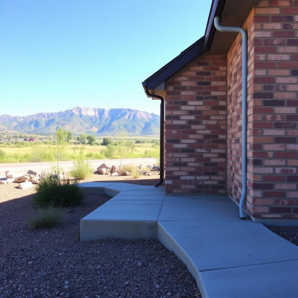 A Albuquerque home showing a subtle stair-step crack in the exterior brick near a corner alongside a settled concrete walkway pulling away from the foundation, xeriscape landscaping and Rio Grande valley foothills in the background