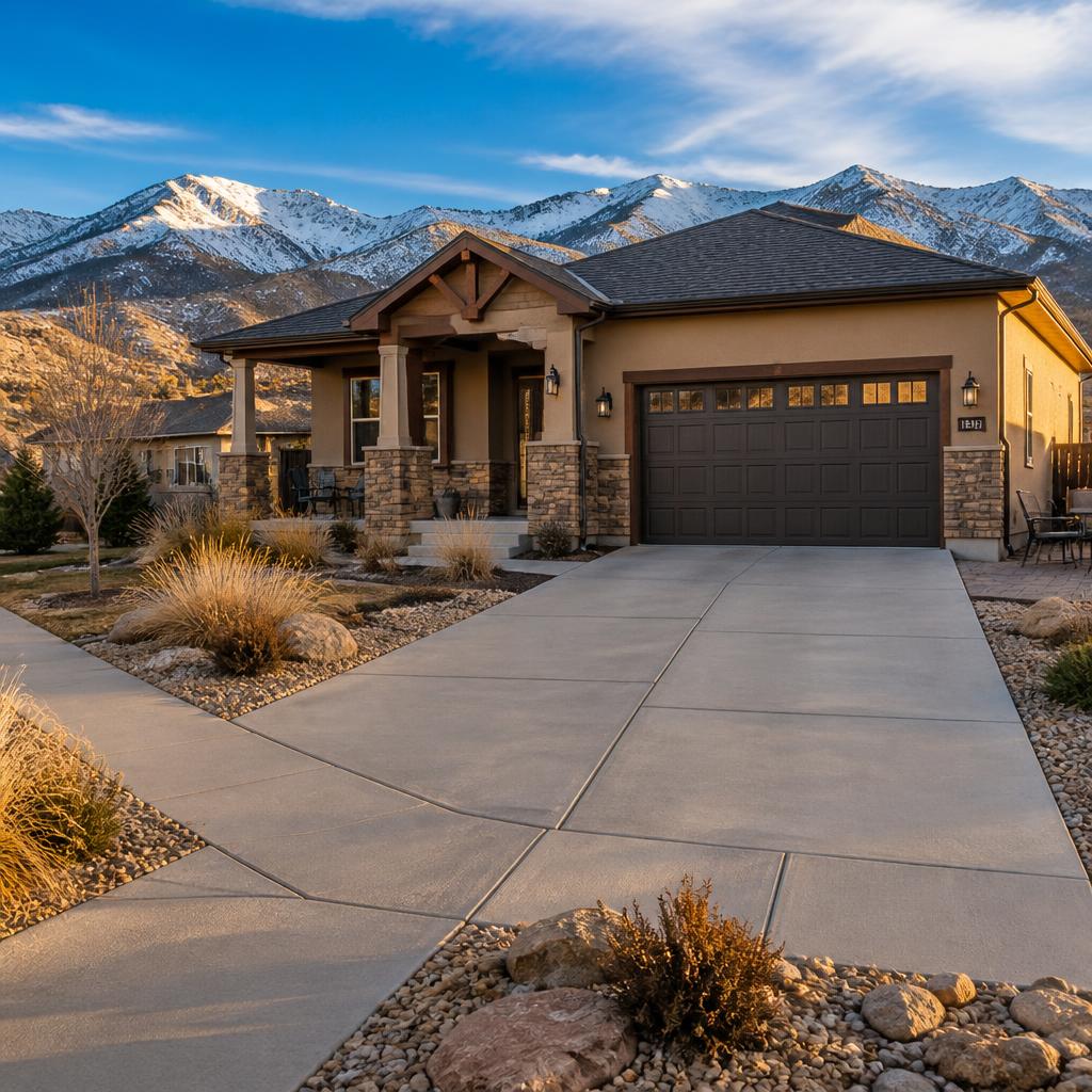 A well-kept Albuquerque residential home at golden hour with a clean level concrete driveway with visible control joints leading to the garage, front sidewalk, and side patio, xeriscape landscaping, and snow-dusted the Sandias with the Rio Grande valley foothills prominent in the background