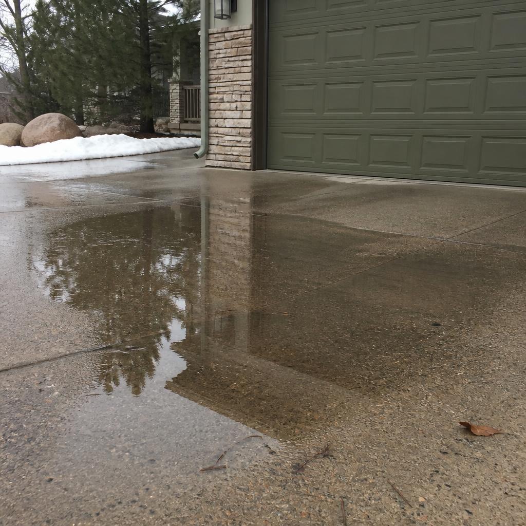 Water pooling on a residential driveway from a settled slab