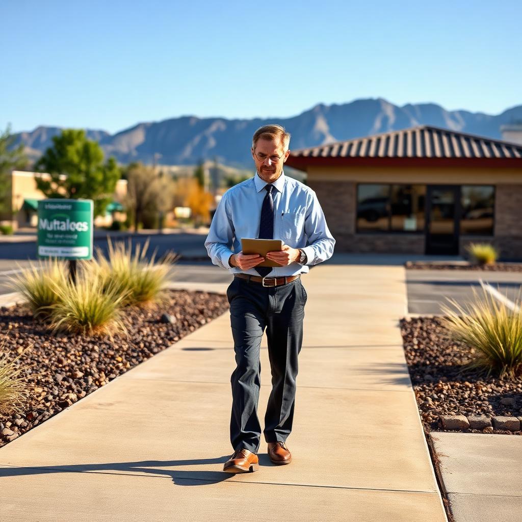A Albuquerque commercial property manager walking a well-maintained concrete sidewalk with a clipboard inspecting joints in front of a small suburban office building, native landscaping planters and Rio Grande valley foothills in the background