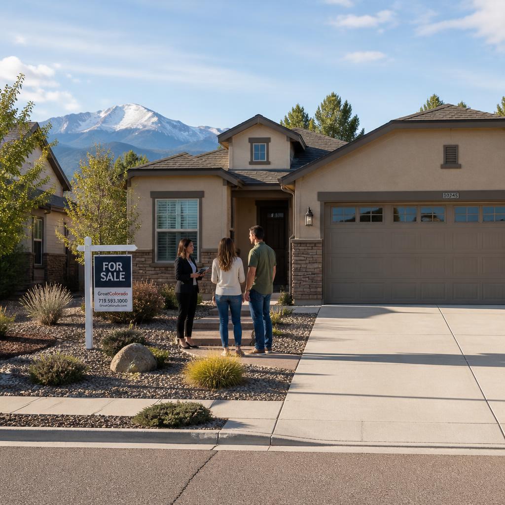 Prospective buyers touring a well-maintained Albuquerque home with a level concrete driveway and sidewalk, For Sale sign in the front yard and the Sandias in the background