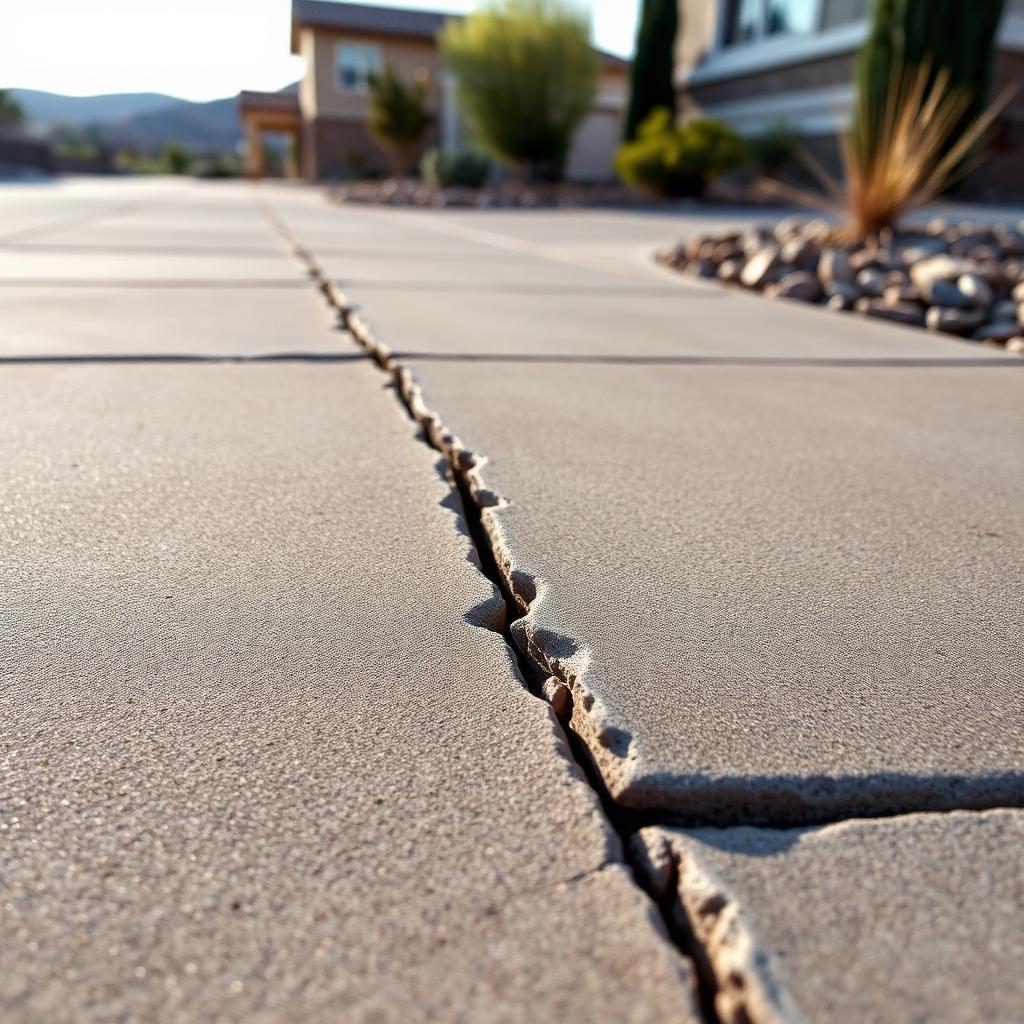 Close-up of a crack running across a Albuquerque residential concrete driveway with a slight vertical offset between the two sides, xeriscape landscaping and Rio Grande valley foothills softly out of focus in the background