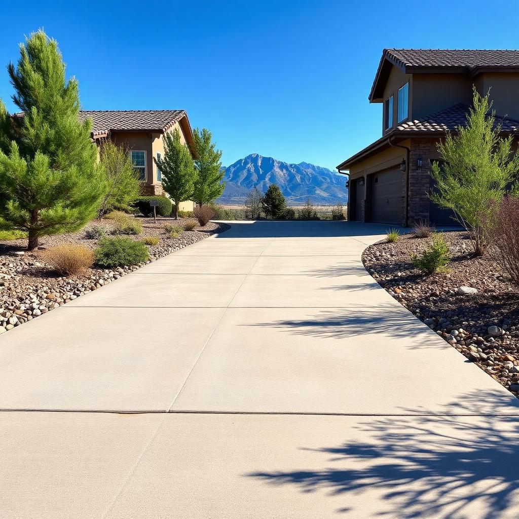A well-aged Albuquerque residential concrete driveway with clean control joints and light surface weathering, xeriscape landscaping alongside, and the Rio Grande valley foothills with the Sandias in the background under a clear blue sky