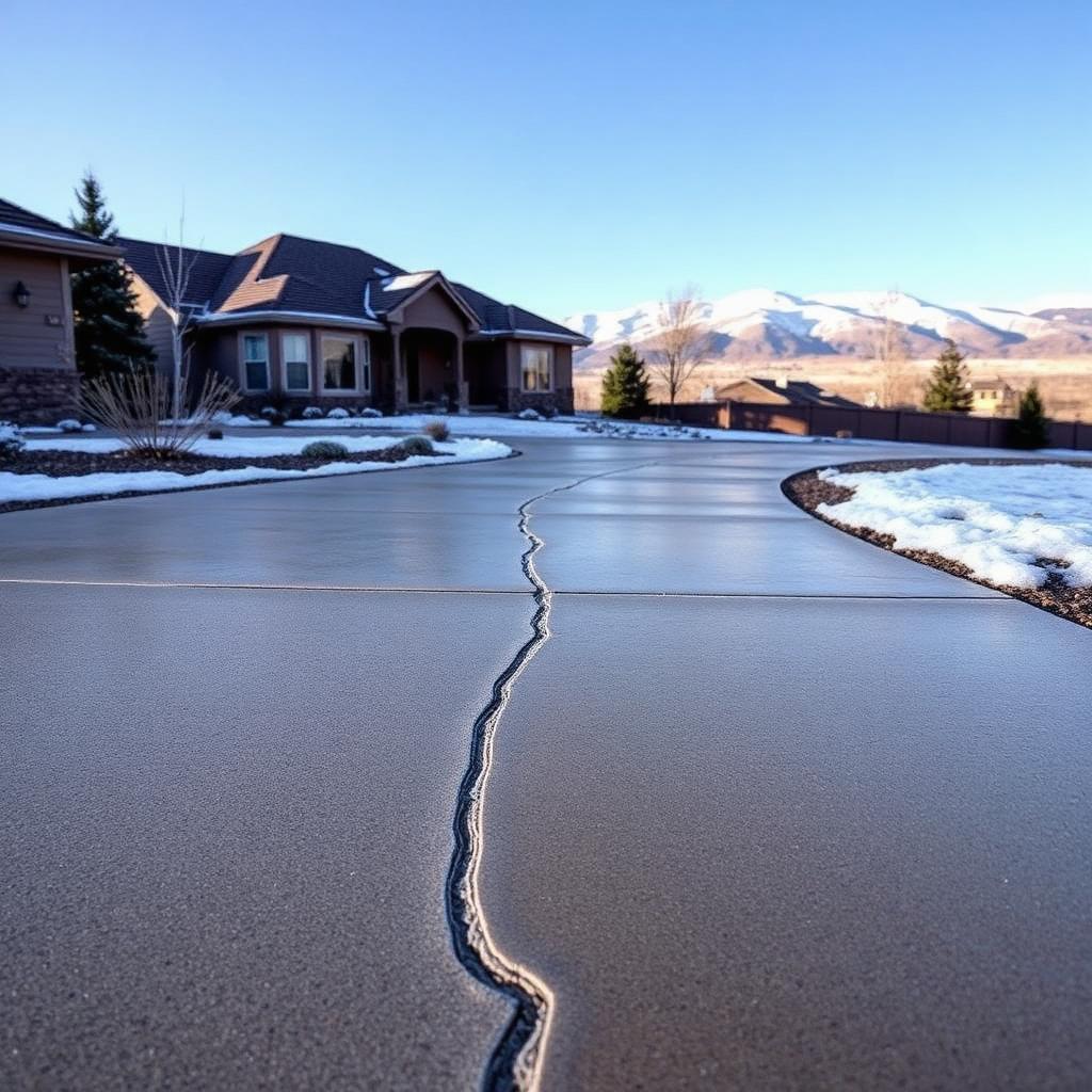 A Albuquerque residential concrete driveway on a cold winter morning with patches of refrozen snowmelt along the control joints and a hairline crack visible, snow-dusted Rio Grande valley foothills and the Sandias in the background under a clear blue New Mexico sky