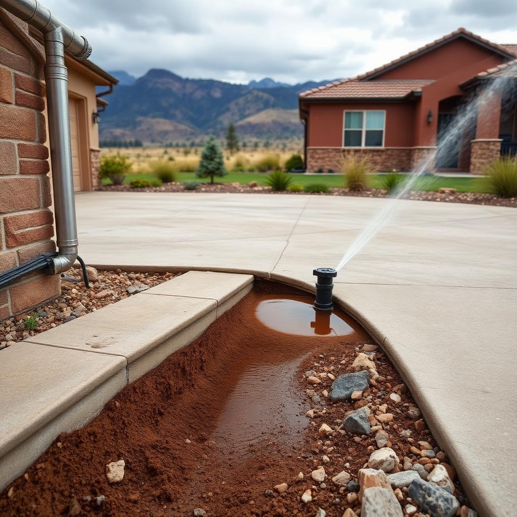 A Albuquerque residential yard showing common drainage mistakes near a concrete driveway — a downspout discharging directly against the slab edge onto saturated red-brown soil and an irrigation sprinkler spraying water across the concrete, Rio Grande valley foothills in the background