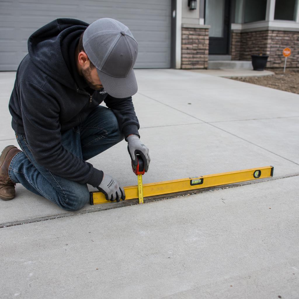 A contractor measuring and inspecting a settled residential concrete slab