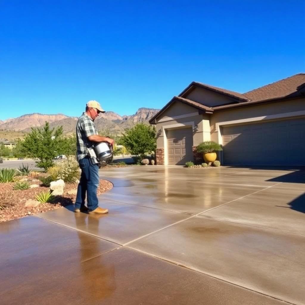 A Albuquerque homeowner applying a clear penetrating concrete sealer to a residential driveway with a pump sprayer, the wet sealed portion visibly darker than the dry untreated side, xeriscape landscaping and Rio Grande valley foothills with the Sandias in the background