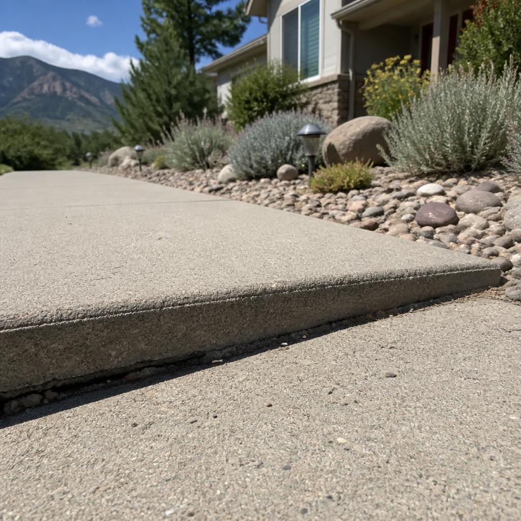 A Albuquerque residential sidewalk with a clear vertical trip hazard where two settled concrete panels meet, xeriscape landscaping and foothills in the background