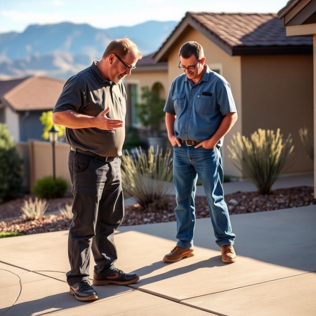 A Albuquerque concrete leveling professional and homeowner standing on a residential driveway, both looking down at a settled section of slab as the professional explains what he sees, with xeriscape landscaping and Rio Grande valley foothills in the background
