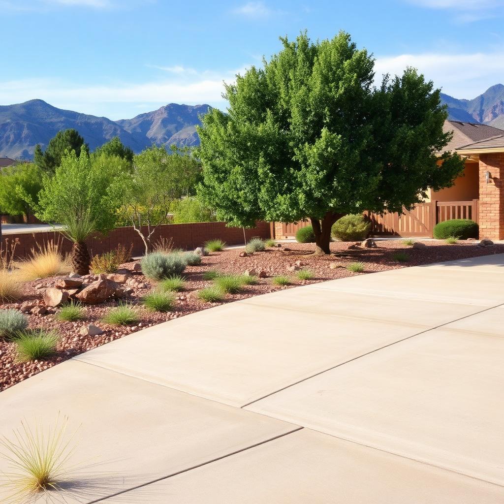A Albuquerque residential front yard where a mature tree is set well back from the concrete driveway, with xeriscape rock beds and native grasses sloping gently away from the slab, Rio Grande valley foothills in the background