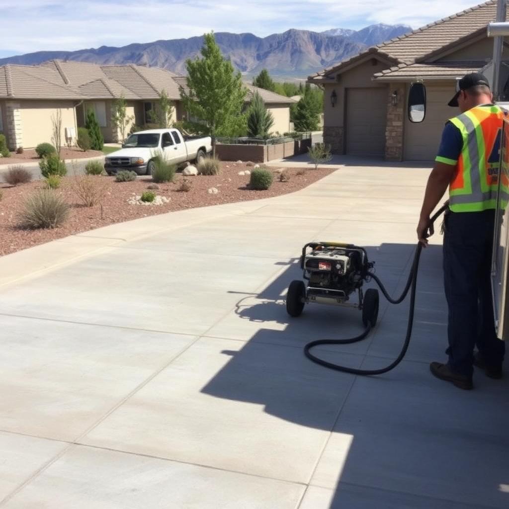 A Albuquerque technician in a safety vest performing polyurethane foam concrete leveling on a residential driveway during a typical workday, with a service truck at the curb and Rio Grande valley foothills in the background