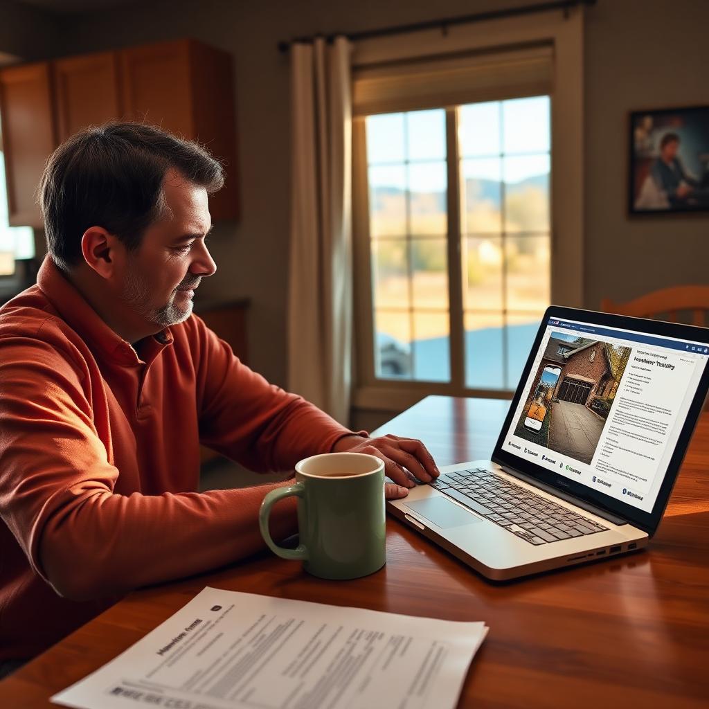 A Albuquerque homeowner at a kitchen table reviewing a homeowner's insurance policy with a laptop open to a claim form and a smartphone photo of a settled residential concrete driveway visible on screen, Rio Grande valley foothills through the window