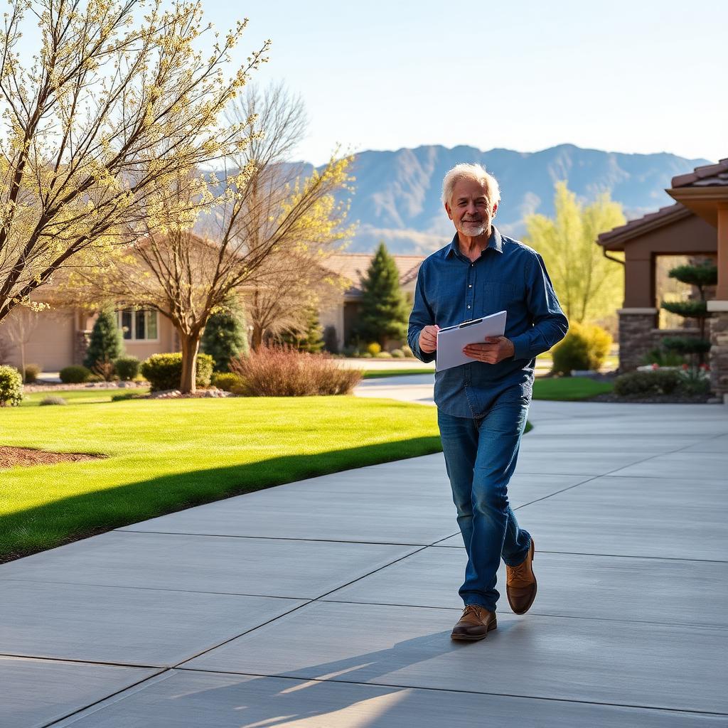 A Albuquerque homeowner walking their concrete driveway with a clipboard on a sunny spring morning, inspecting slabs for settlement, with budding trees and Rio Grande valley foothills in the background