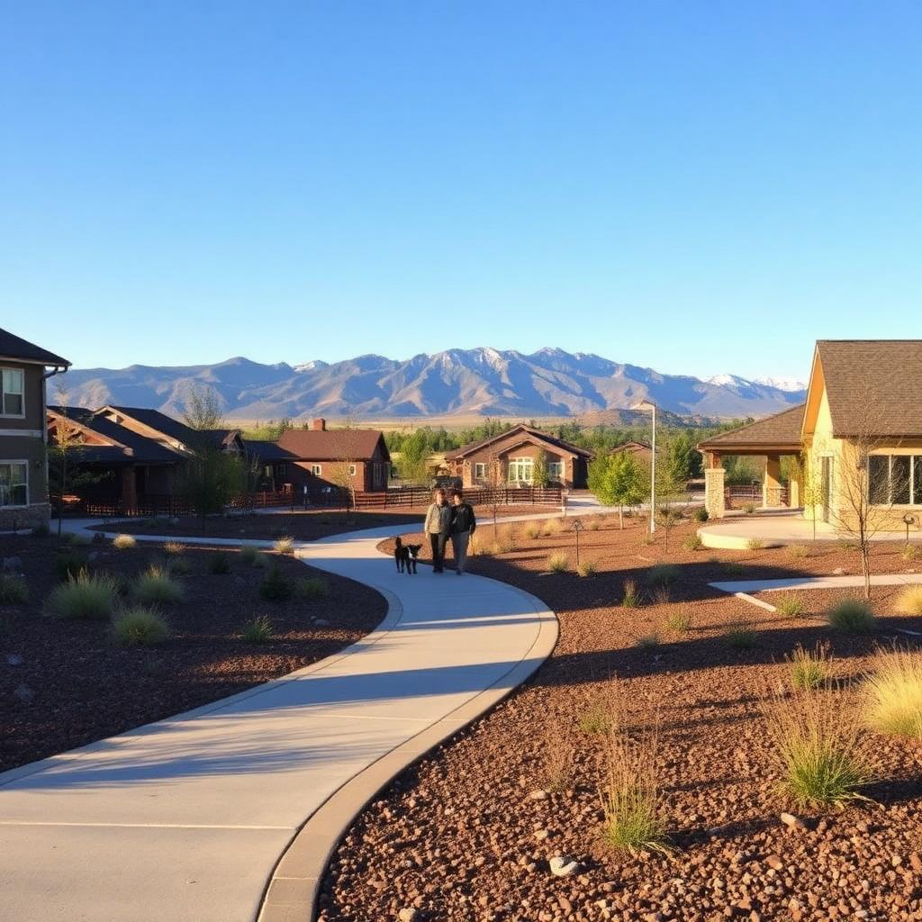 A Albuquerque HOA community with well-maintained level concrete sidewalks winding past xeriscape landscaping and a clubhouse, residents walking safely, with the Sandias and the Rio Grande valley foothills in the background