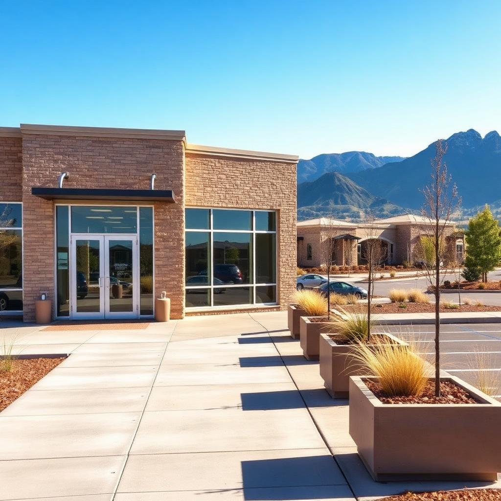 A Albuquerque commercial office building exterior with a well-maintained level concrete sidewalk leading to the entrance, native landscaping planters, and Rio Grande valley foothills in the background