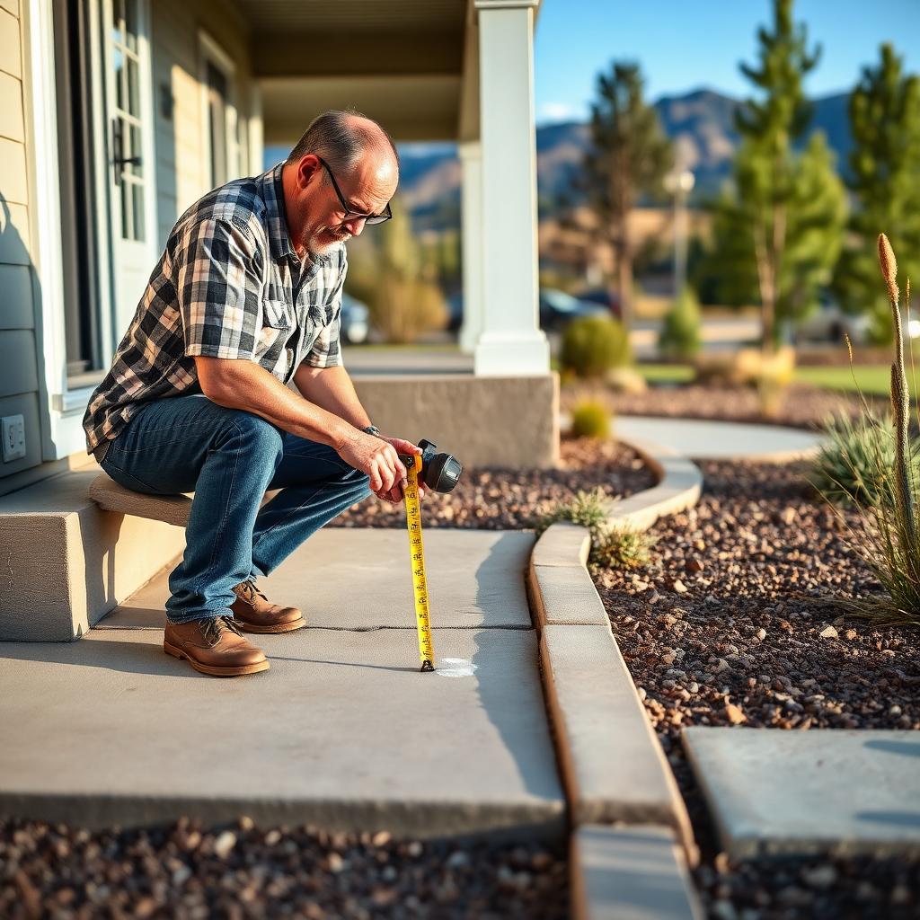 A Albuquerque homeowner crouched on their front walkway using a tape measure and chalk to measure a vertical lip between two settled concrete sidewalk panels, xeriscape landscaping and Rio Grande valley foothills in the background