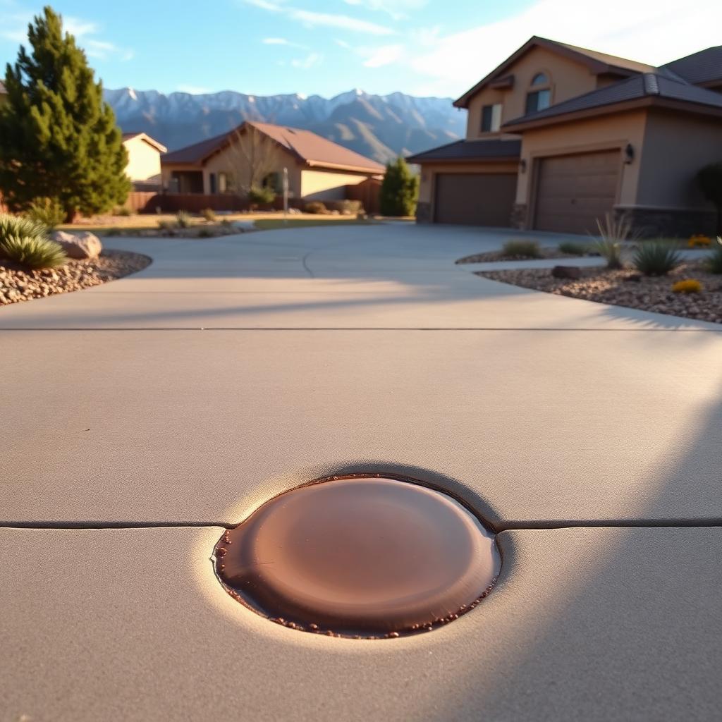 A Albuquerque residential concrete driveway with a small settled section beginning to collect a shallow puddle of water near an expansion joint, with Rio Grande valley foothills in the background