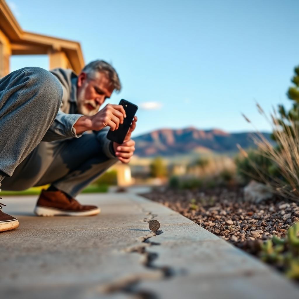 A Albuquerque homeowner crouched beside their driveway using a smartphone to photograph a hairline crack next to a coin used for scale, xeriscape landscaping and Rio Grande valley foothills in the background