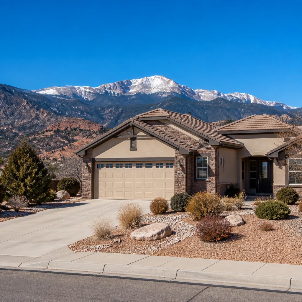 A Albuquerque home with a concrete driveway and sidewalk under a high-altitude blue sky, with the Sandias and the Rio Grande valley in the background