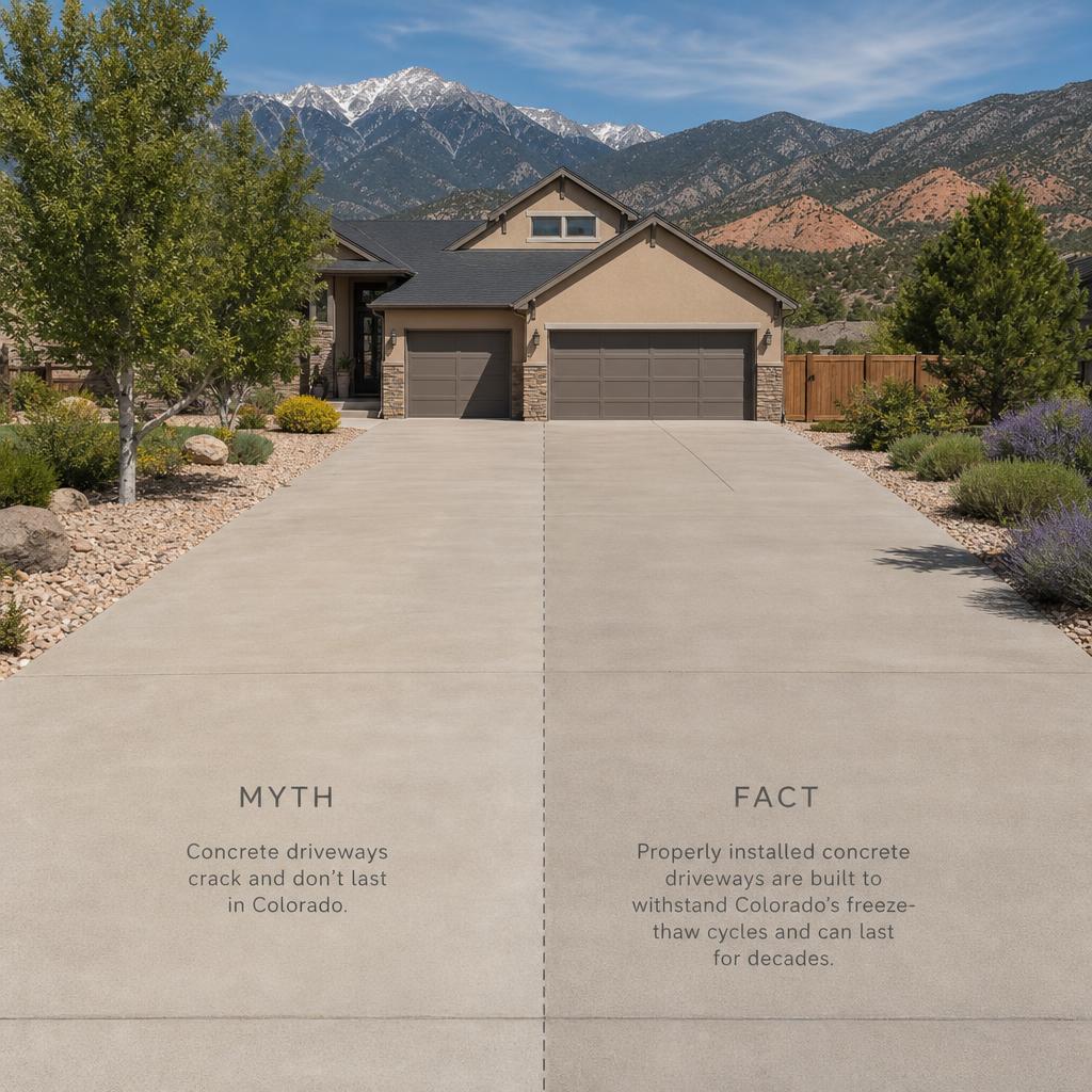 Educational split-view of a Albuquerque residential concrete driveway labeled Myth on one side and Fact on the other, home and Rio Grande valley foothills in the background