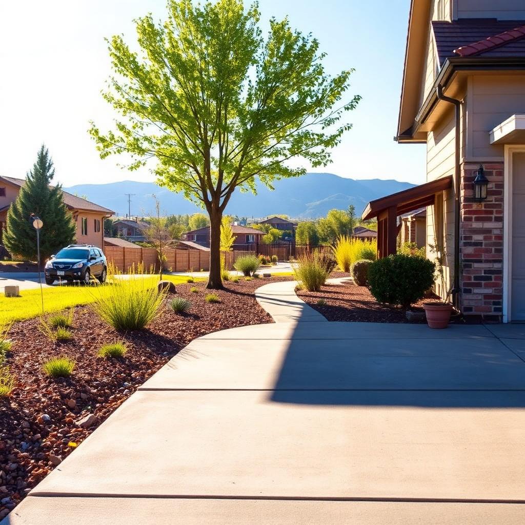 A Albuquerque homeowner routing an extended downspout across a xeriscape yard away from their residential concrete driveway to prevent future settlement, Rio Grande valley foothills in the background