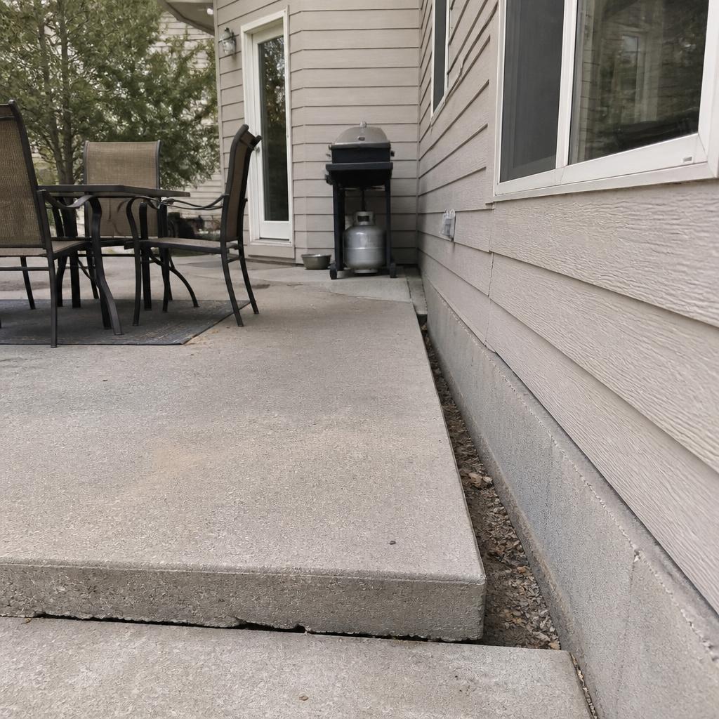 Sunken residential concrete patio in Albuquerque, NM with visible settlement pulling away from the house foundation