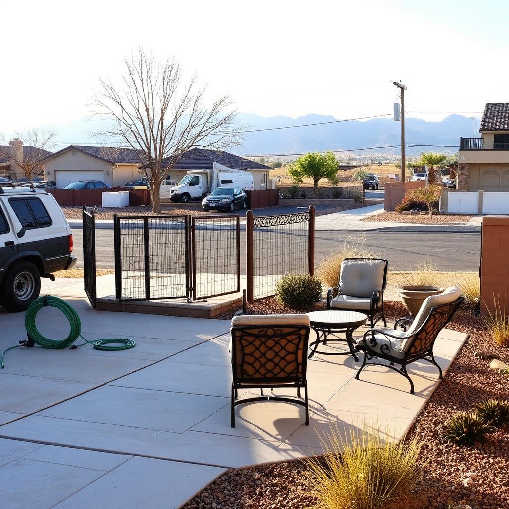 A Albuquerque property prepared for a concrete leveling appointment with vehicles moved off the driveway, a side gate propped open, hose coiled back, and patio furniture pulled a few feet away from a settled patio slab, Rio Grande valley foothills in the background