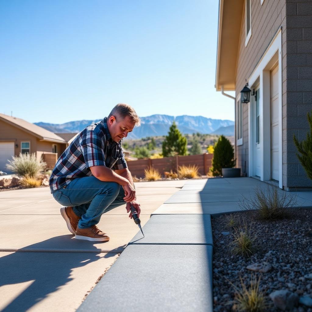 A Albuquerque homeowner crouching to inspect the joint between a concrete driveway and sidewalk for early signs of settlement on a sunny day, with the Sandias and the Rio Grande valley foothills in the background