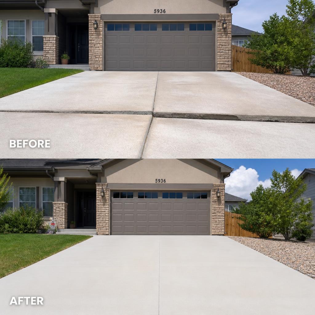 Before and after comparison of an uneven driveway restored to a more level position