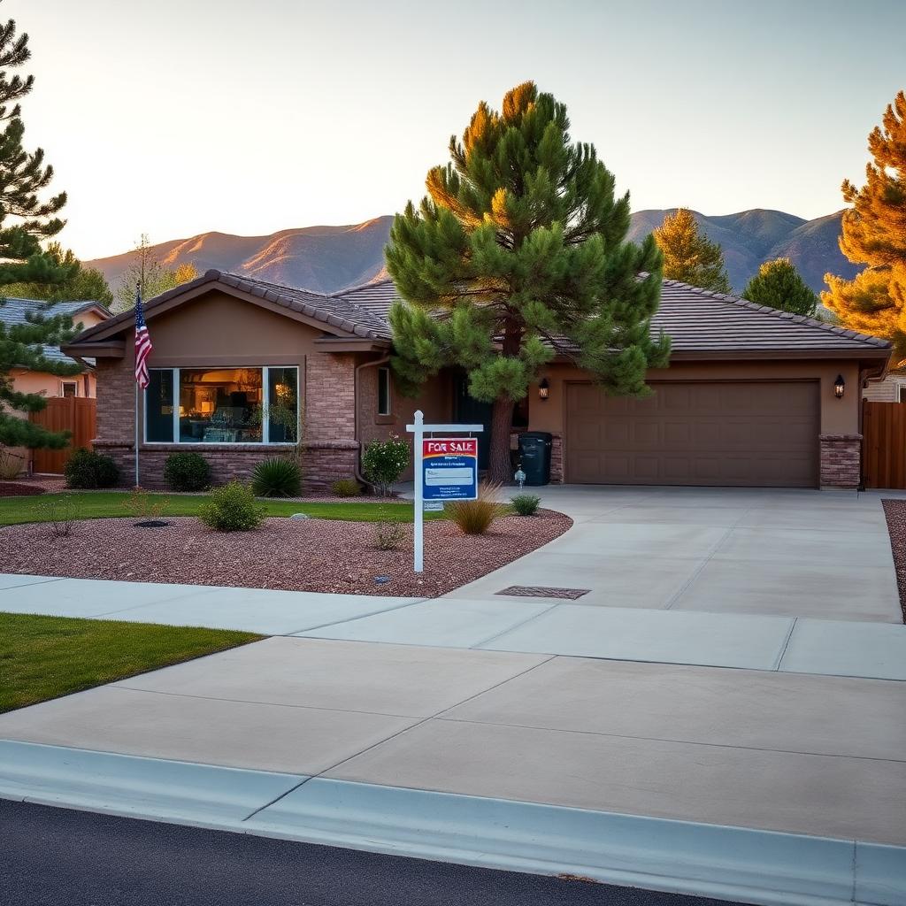 A well-maintained Albuquerque single-family home with a level clean concrete driveway and front walkway, a real estate for sale sign, xeriscape landscaping and the Rio Grande valley foothills at golden hour