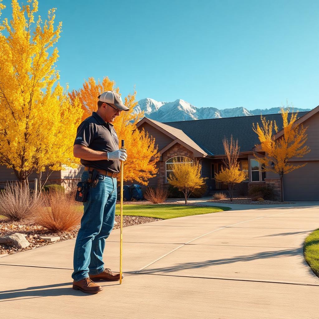 A Albuquerque technician evaluating a residential concrete driveway for settlement on an early fall morning, golden aspens and Rio Grande valley foothills in the background