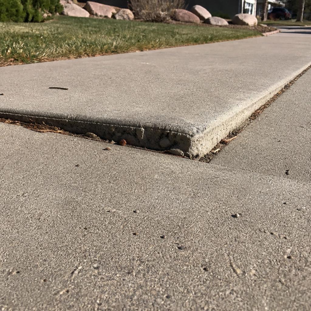 A vertical offset between two sidewalk panels creating a trip hazard