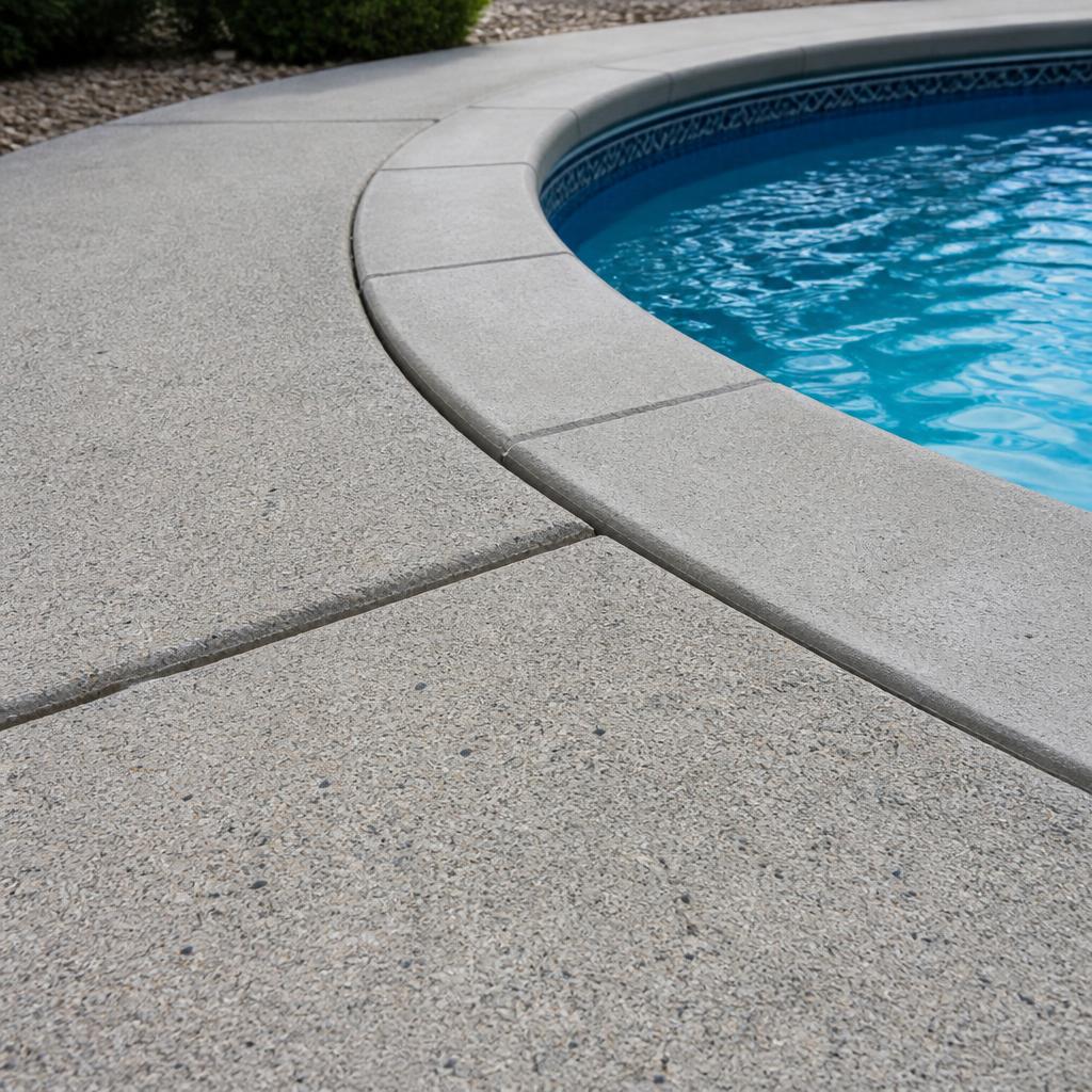 Settled residential pool deck in Albuquerque, NM with uneven concrete slabs and a visible offset next to the pool coping