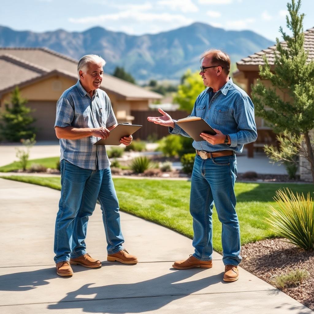A Albuquerque homeowner having a friendly, consultative conversation with a concrete leveling professional holding a clipboard beside a residential concrete driveway, with xeriscape landscaping and Rio Grande valley foothills in the background