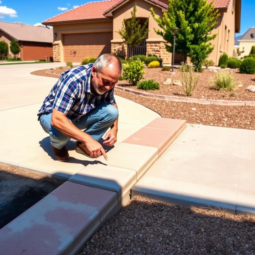 A Albuquerque homeowner crouching to inspect a subtle vertical offset between two settled sidewalk panels beside their home, with xeriscape landscaping and Rio Grande valley foothills in the background