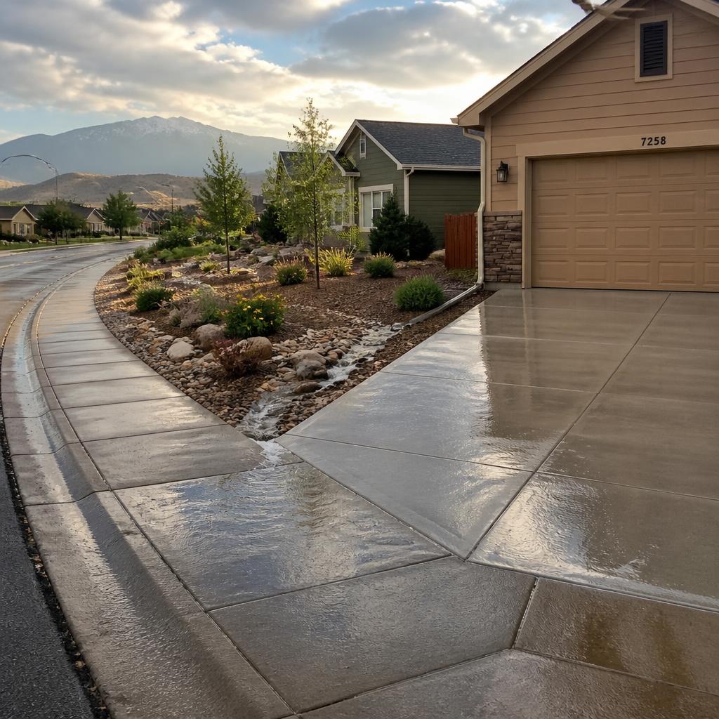 A Albuquerque home after a rainstorm with water draining cleanly away from the concrete driveway and sidewalk into a landscaped swale, Rio Grande valley foothills in the background