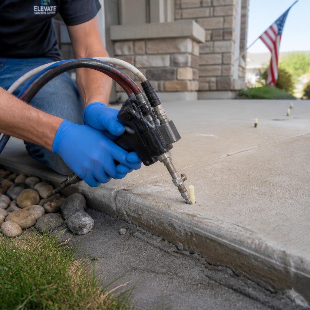 Technician performing polyurethane foam injection beneath a concrete slab