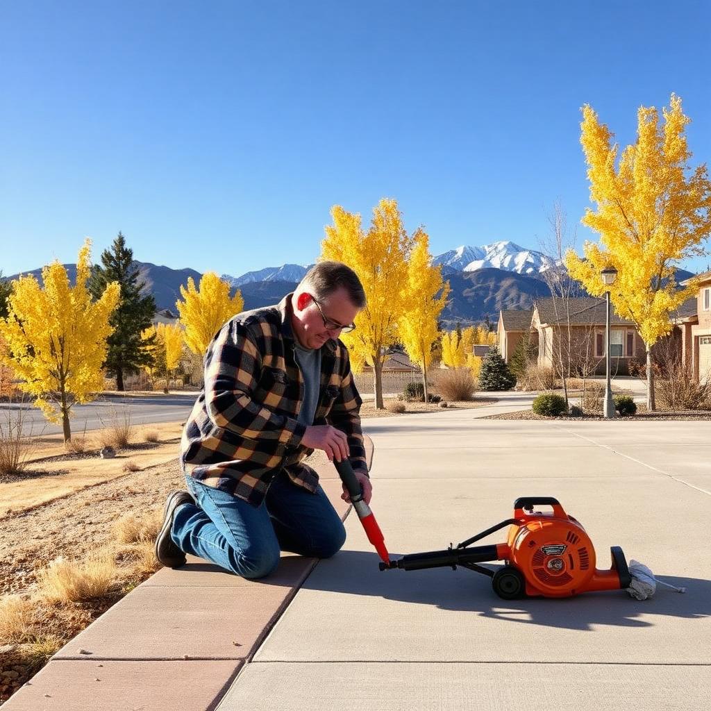 A Albuquerque homeowner in a flannel jacket kneeling on a residential concrete driveway resealing a control joint with a caulk gun on a crisp fall day, golden aspens along the yard and snow-dusted the Sandias in the background