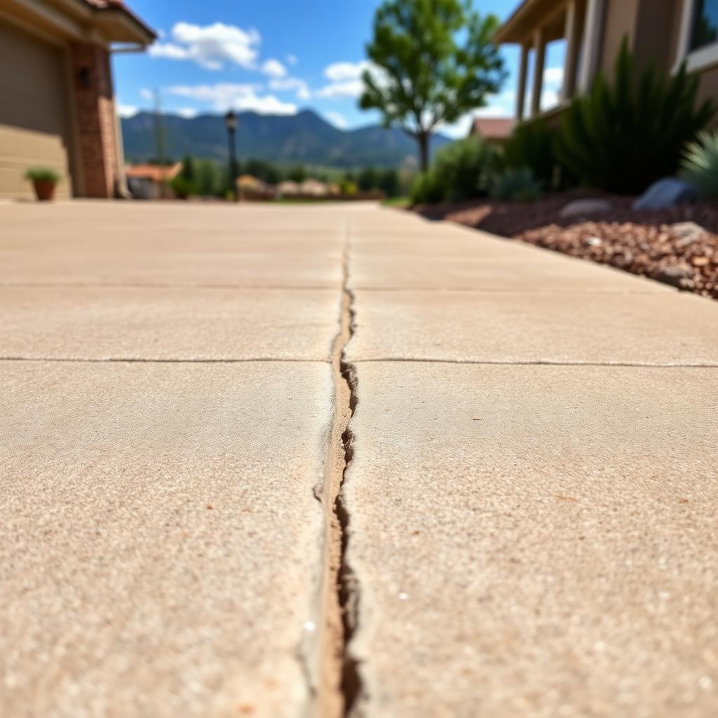 Close-up of a Albuquerque residential concrete driveway showing clean control joints and a wider sealed expansion joint between two slab panels, with xeriscape landscaping and Rio Grande valley foothills softly out of focus in the background