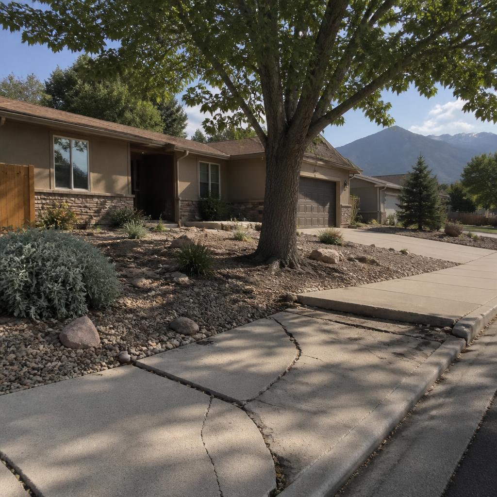 Mature tree in a Albuquerque front yard lifting and cracking the nearby sidewalk and driveway concrete
